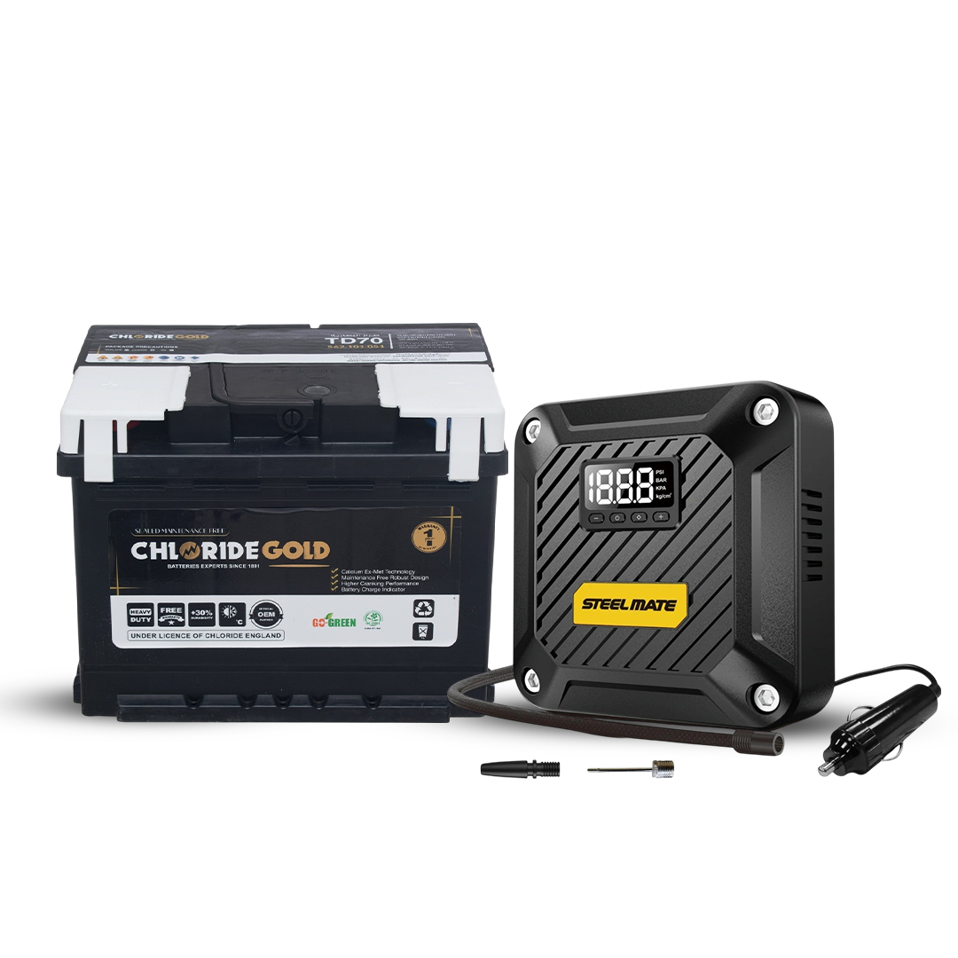 Chloride Gold Car Battery - TD70L 12/62 AH R & SteelMate T5 Digital Air Compressor