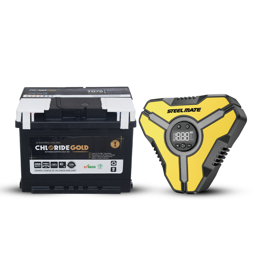 Chloride Gold Car Battery - Din74l 12/74 AH & SteelMate T10 Pro Digital Wireless Air Compressor