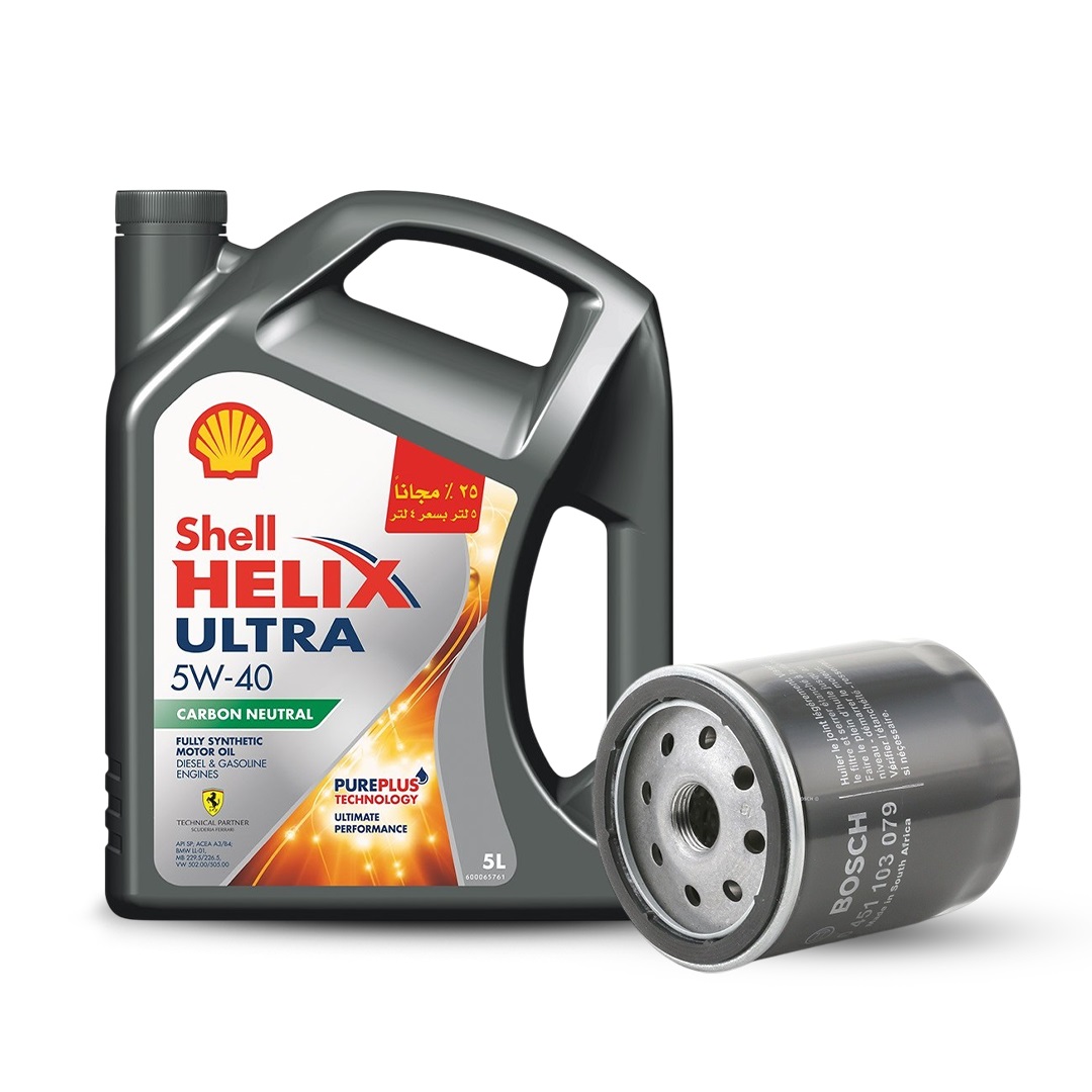 Bundle of Shell Helix Ultra , 5W-40, 5L & Bosch Oil Filter for Chevrolet, Daewoo & Opel Cars