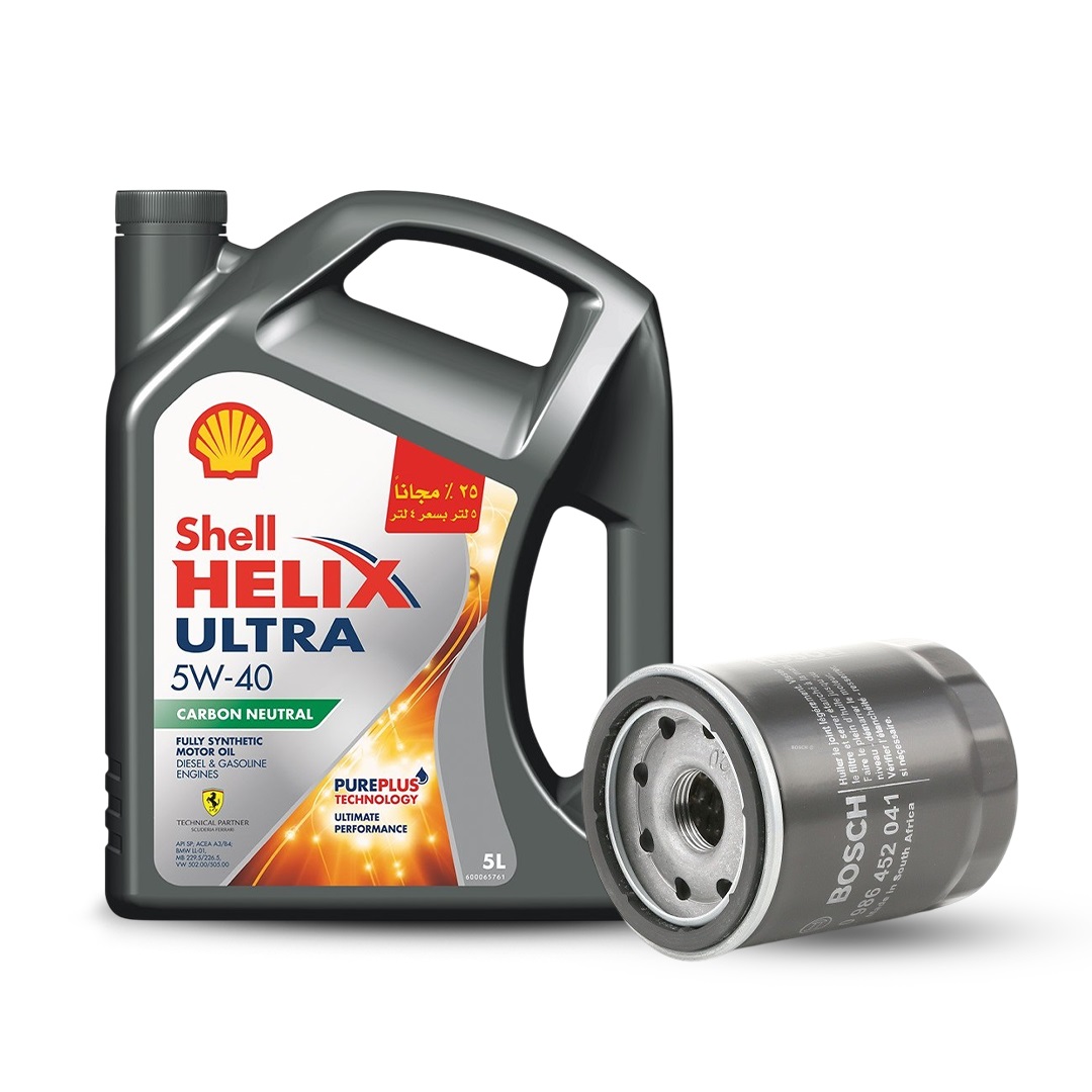 Bundle of Shell Helix Ultra , 5W-40, 5L & Bosch Oil Filter for Mitsubishi, Fiat, BYD & Proton Cars