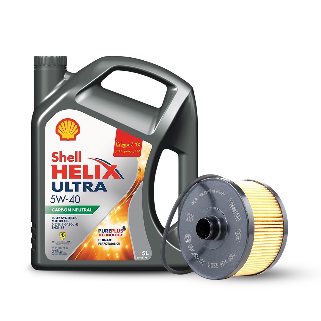 Bundle of Shell Helix Ultra , 5W-40, 5L & Bosch Oil Filter for Nissan Qashqai Cars