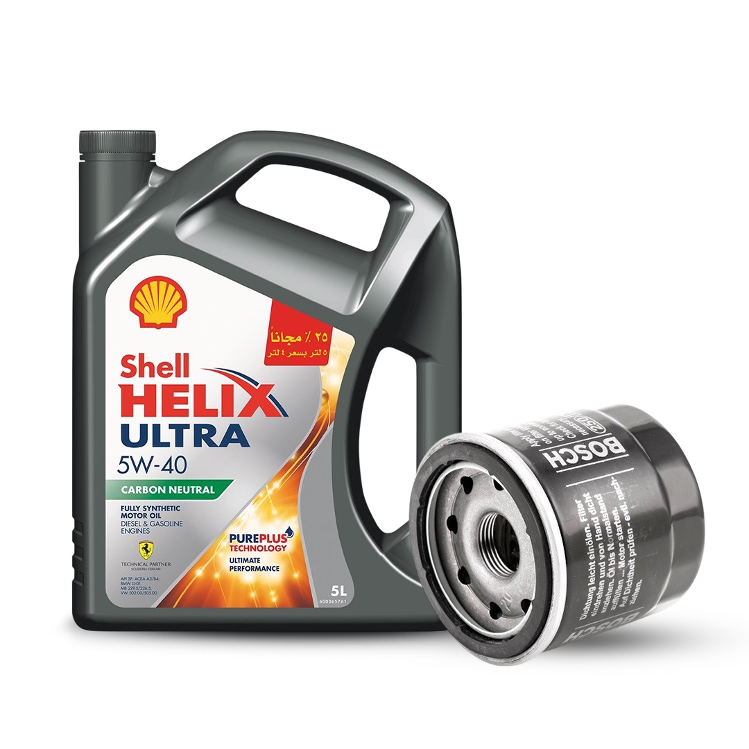 Bundle of Shell Helix Ultra 5W-40, 5L & Bosch Oil Filter for Mazda & Nissan Cars