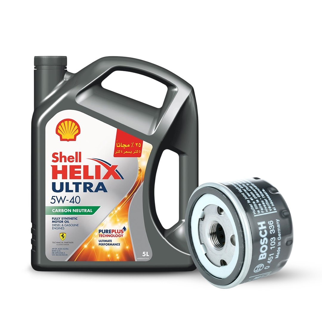 Bundle of Shell Helix Ultra, 5W-40, 5L & Bosch Oil Filter for Renault Cars