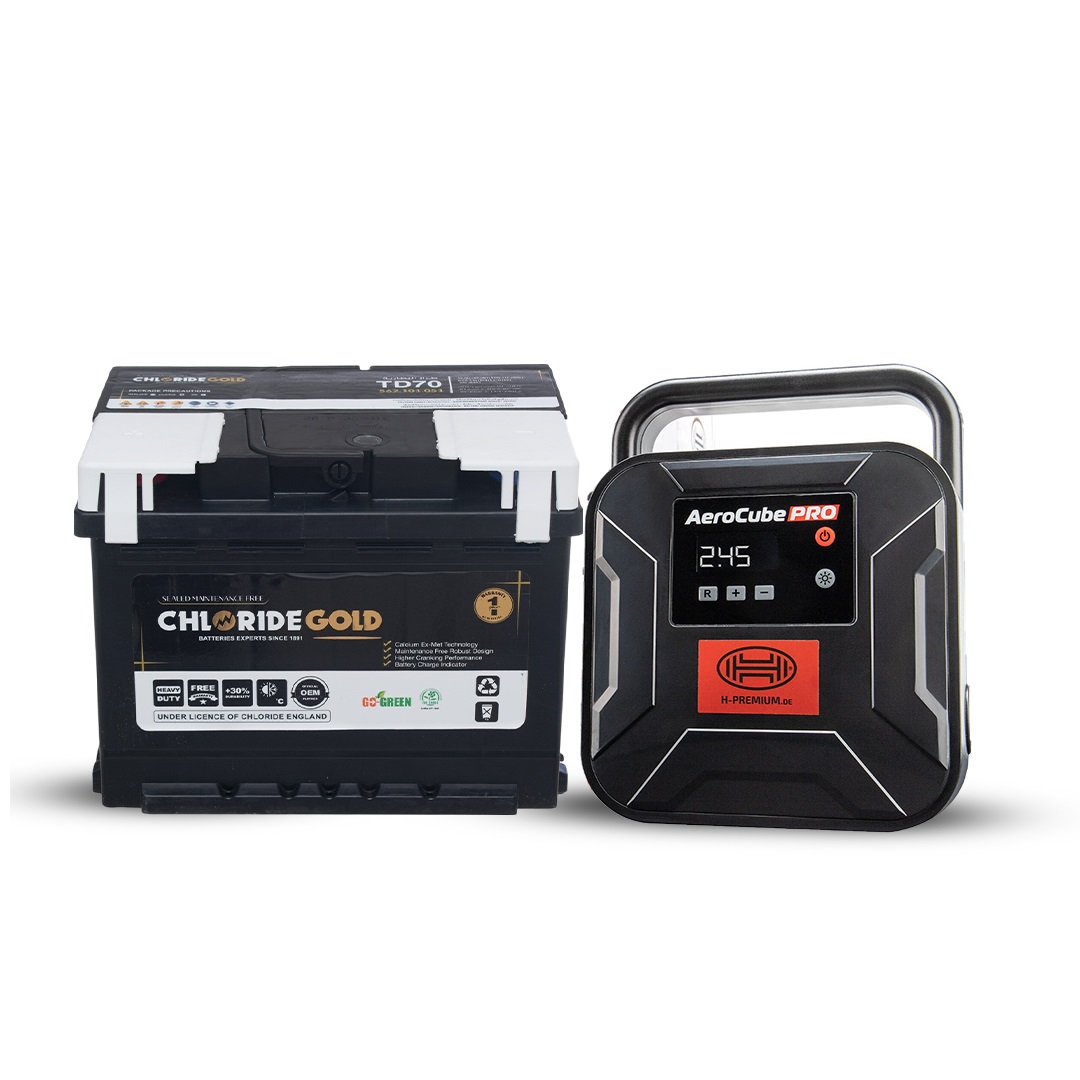 Chloride Gold Car Battery - TD70L 12/62 AH R & Heyner AeroCube Pro Digital Air Compressor
