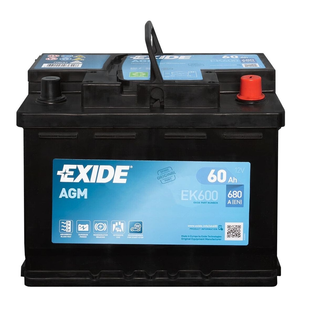 Exide Car Battery, 12 Volt, 62 Ampere - AGM 60L