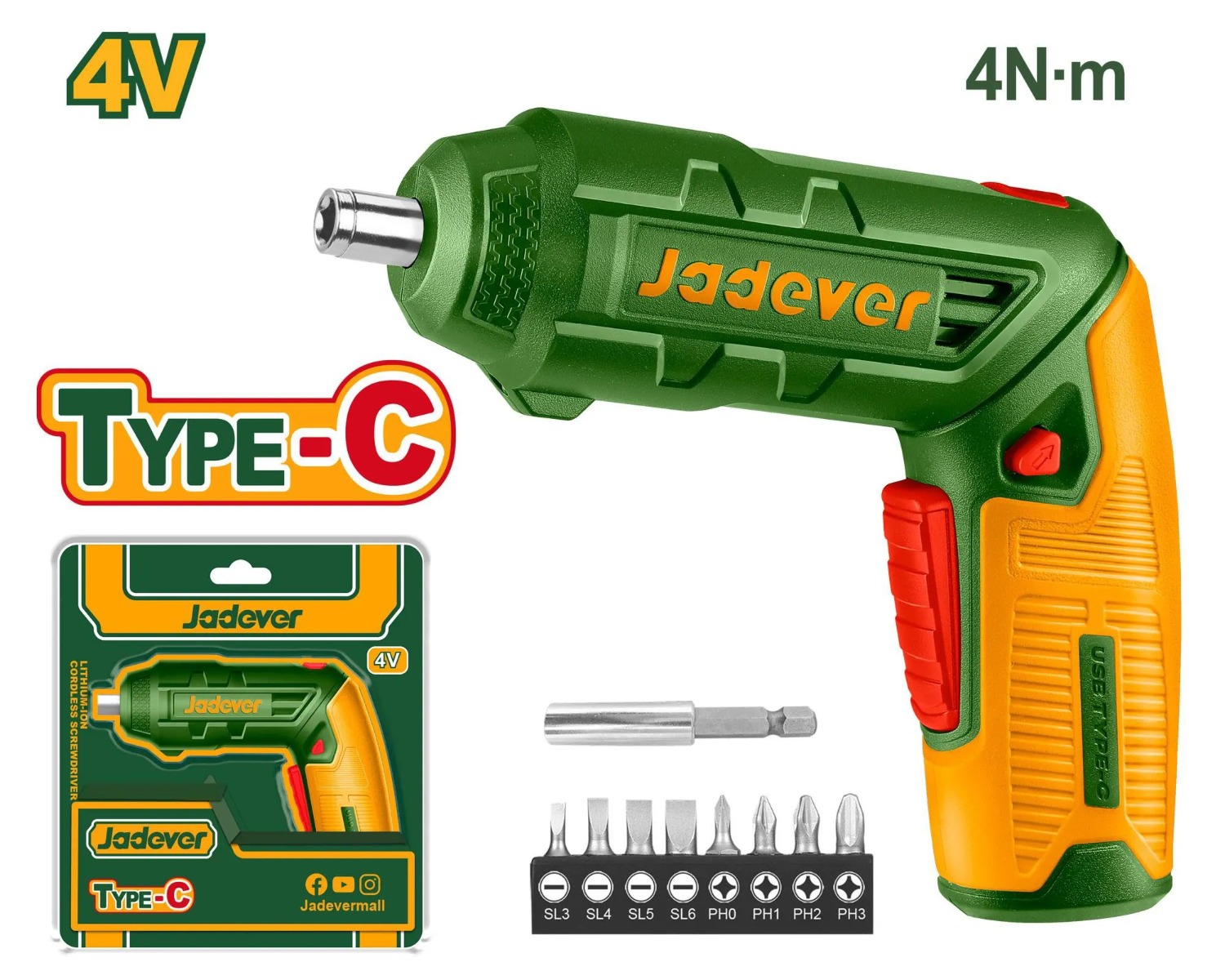 Jadever Lithium-Ion cordless screwdriver 4V + Accessories - JDCV4415