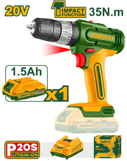Jadever - Lithium-Ion impact drill 20V, 1 Battery , Impact Function - JDCDP521 ,