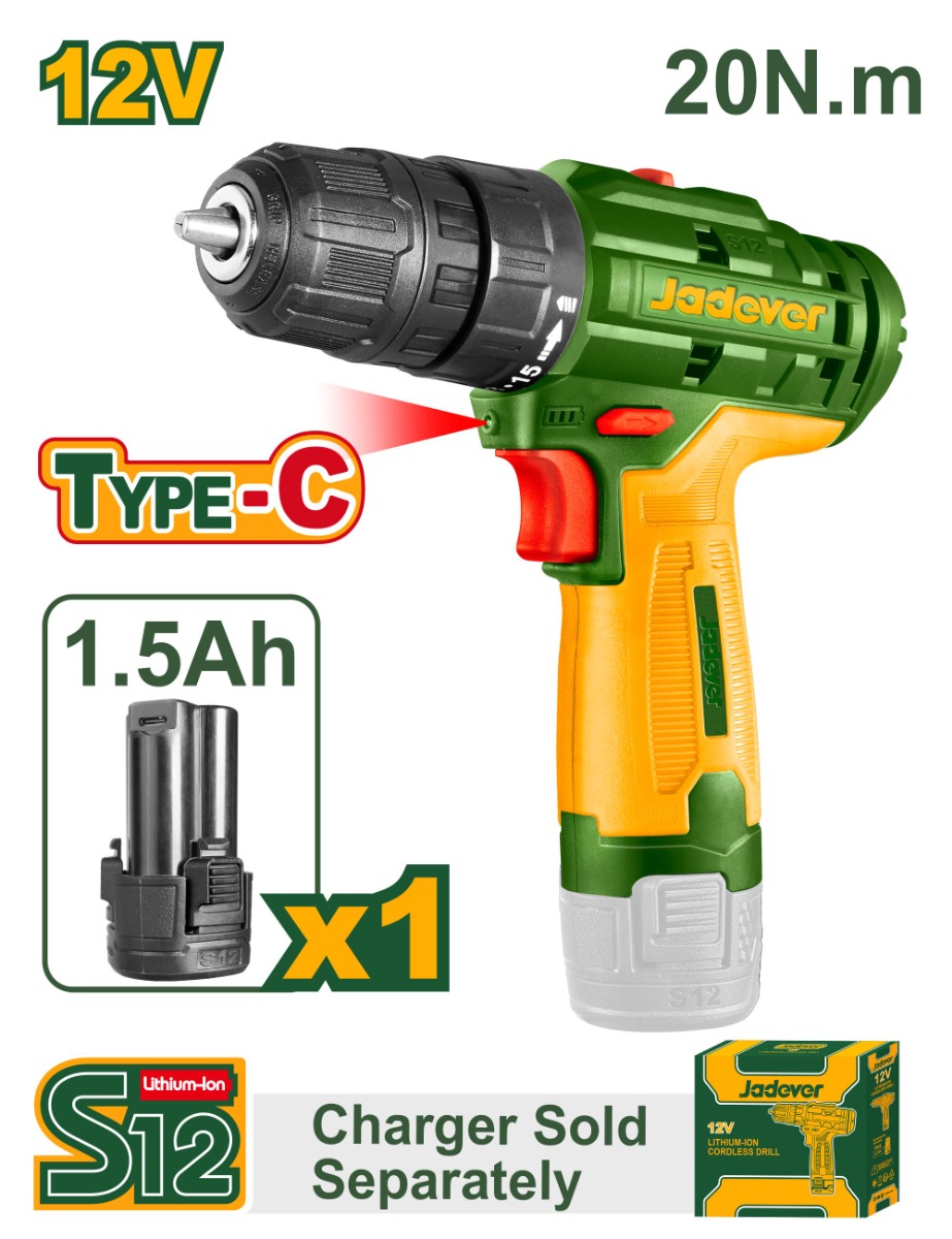 Jadever - Lithium-Ion cordless drill 12V, 1 Battery without Charger, 2 speed - JDCDS520 .