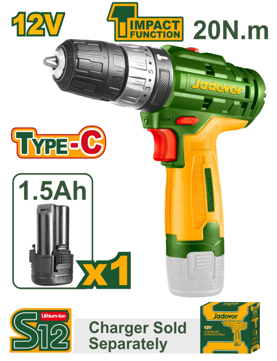 Jadever - Lithium-Ion impact drill 12V, 1 Battery without Charger, Impact Function - JDCDS540 ,